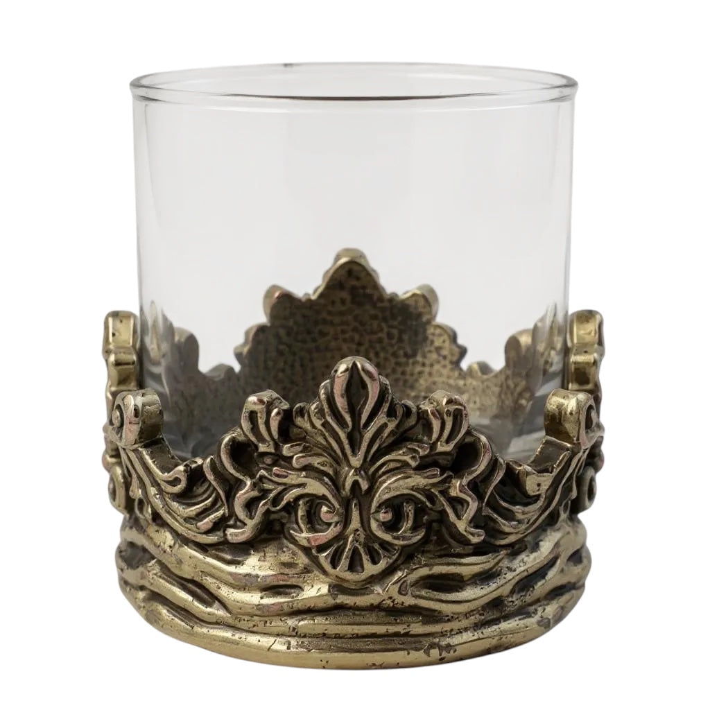 Set of 2 & Set of 4 - Intricate Baroque-style Crown Detail Whiskey Glasses | Juice Glasses | Statement Barware | Gold, Silver or Antique Finish