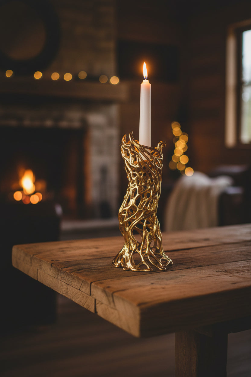 Gold candle holder with a white candle on a white background